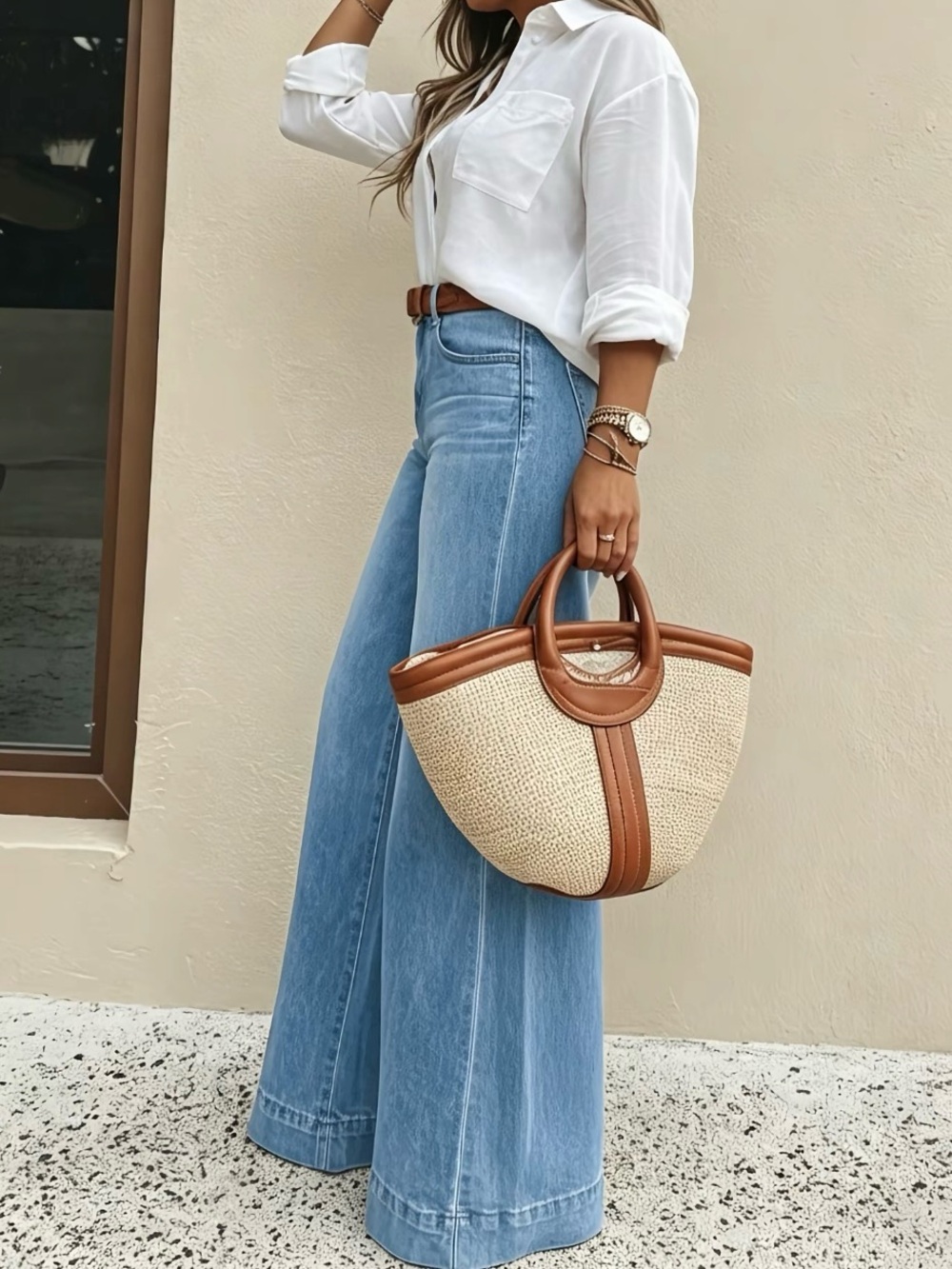 Women's Classic Washed Blue High-Waisted Wide-Leg Jeans, - Picture 3 of 4